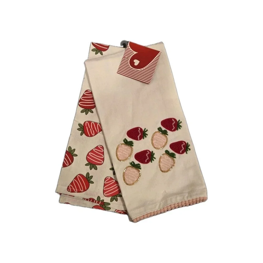 New Set 2 Valentines Day Love Pink Covered Strawberry Beaded Kitchen Towels